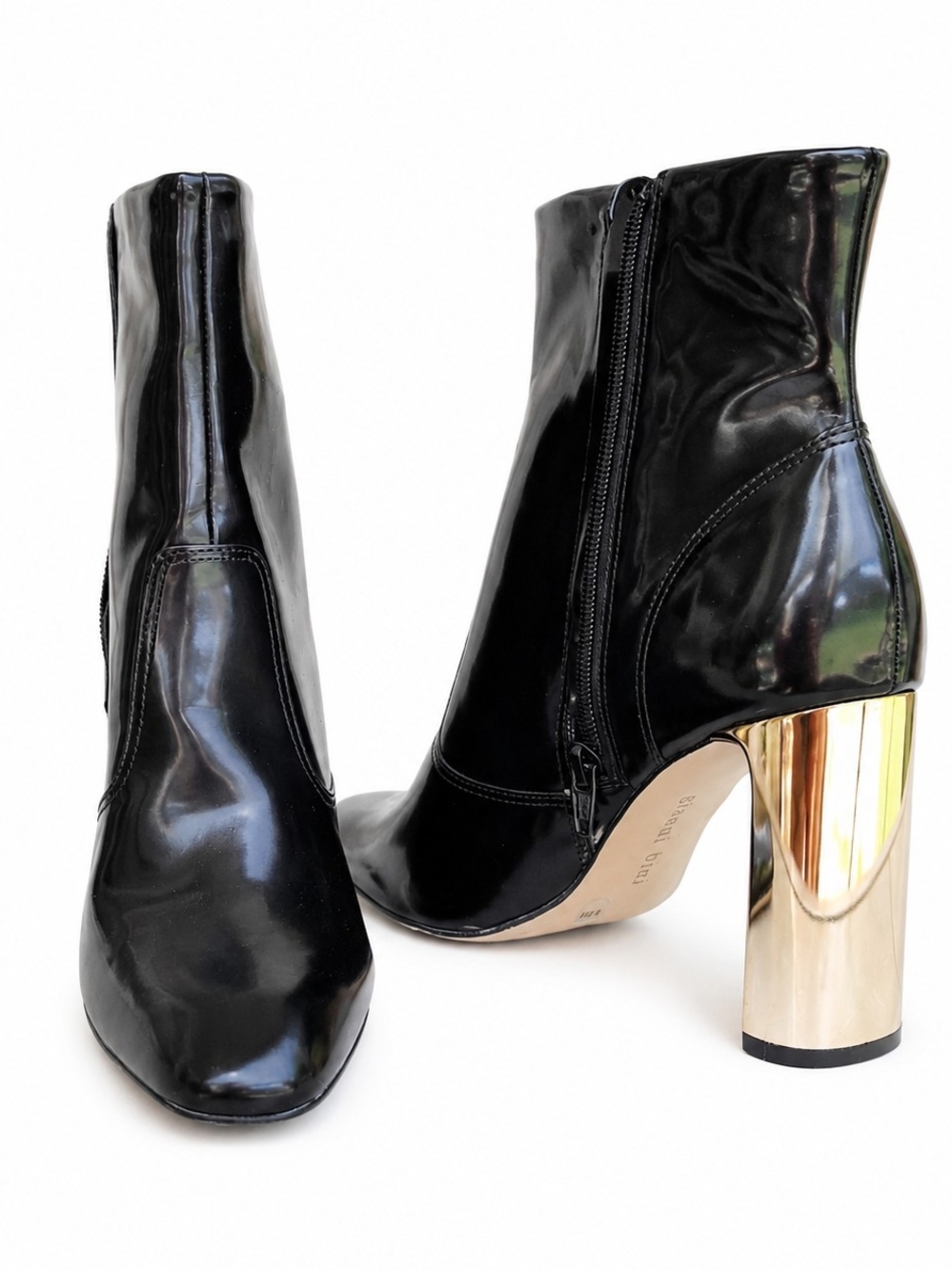 Gianni Bini Mavis Black Patent Ankle Boots Gold Sculpted Block 4" Heel 8.5 NWOT - Picture 4 of 15